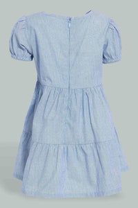 Redtag-Blue-Tiered-Puff-Sleeves-Stripes-Dress-Dresses-Infant-Girls-3 to 24 Months