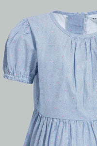 Redtag-Blue-Tiered-Puff-Sleeves-Stripes-Dress-Dresses-Infant-Girls-3 to 24 Months