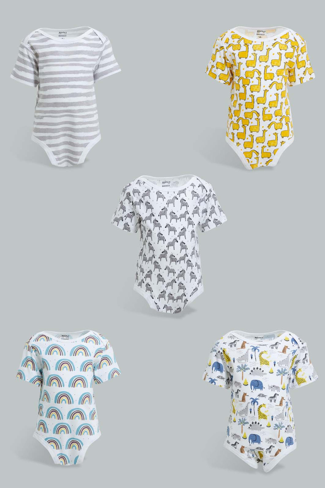Redtag-Yellow--And-Grey-Animal-Print-5-Piece-Pack-Body-Suit-Bodysuits-Baby-0 to 12 Months
