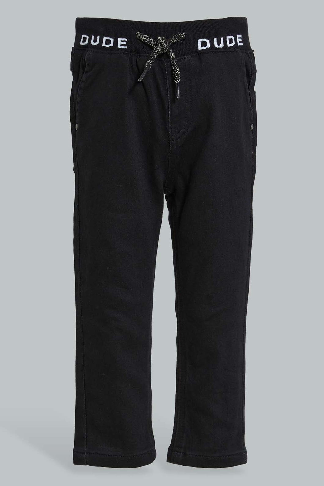 Redtag-Black-Knit-Denim-With-Rib-Waistband-Jeans-Slim-Fit-Infant-Boys-3 to 24 Months