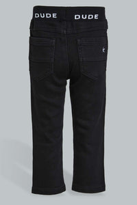 Redtag-Black-Knit-Denim-With-Rib-Waistband-Jeans-Slim-Fit-Infant-Boys-3 to 24 Months
