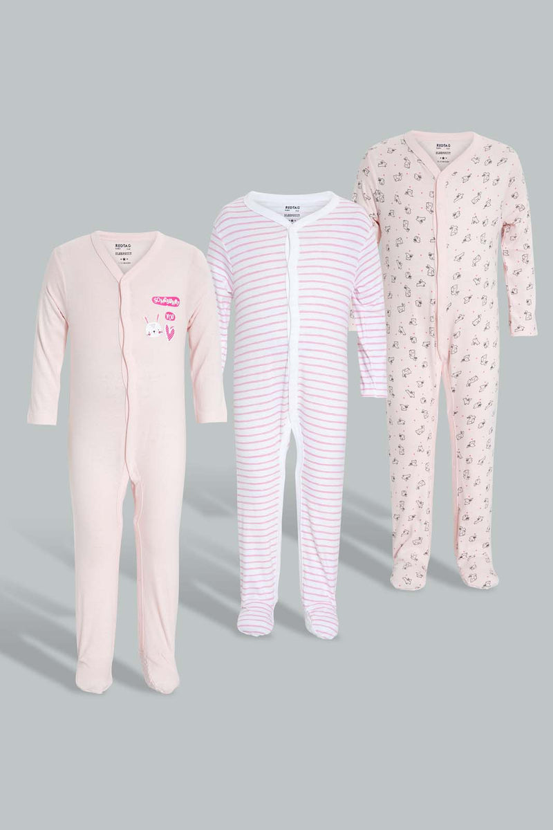 Redtag-Pink-Bunny-3-Piece-Pack-Sleep-Suit-Sleepsuits-Baby-0 to 12 Months