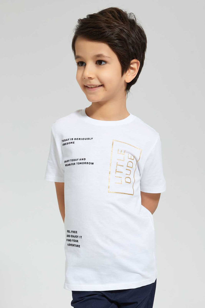 Redtag-White-Gold-Little-Dude-Print-T-Shirt-Graphic-Prints-Boys-2 to 8 Years