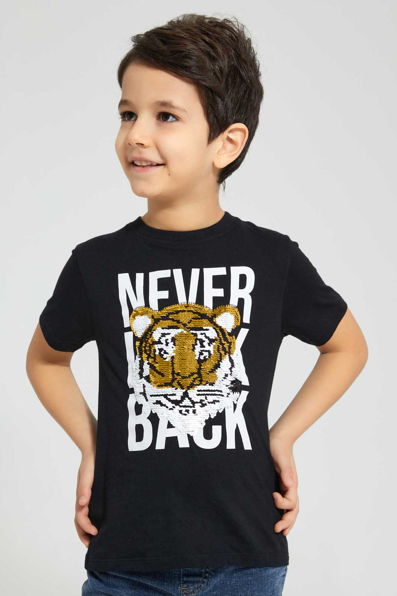 Redtag-Black-Tiger-Sequin-T-Shirt-All-Over-Prints-Boys-2 to 8 Years