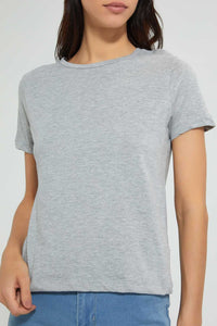 Redtag-Grey-Melange-Plain-Short-Sleeve-Crew-Neck-T-Shirt-Active-Tees-Women's-