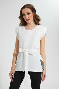 Redtag-White-Textured-Top-With-Belt-Tops-Women's-