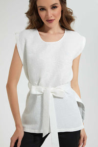 Redtag-White-Textured-Top-With-Belt-Tops-Women's-