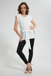 Redtag-White-Textured-Top-With-Belt-Tops-Women's-