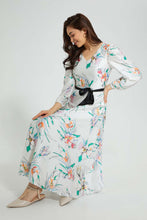 تنزيل الصورة على معرض الصور، Redtag-White-Floral-Print-Dress-With-Contrast-Belt-Dresses-Women&#39;s-
