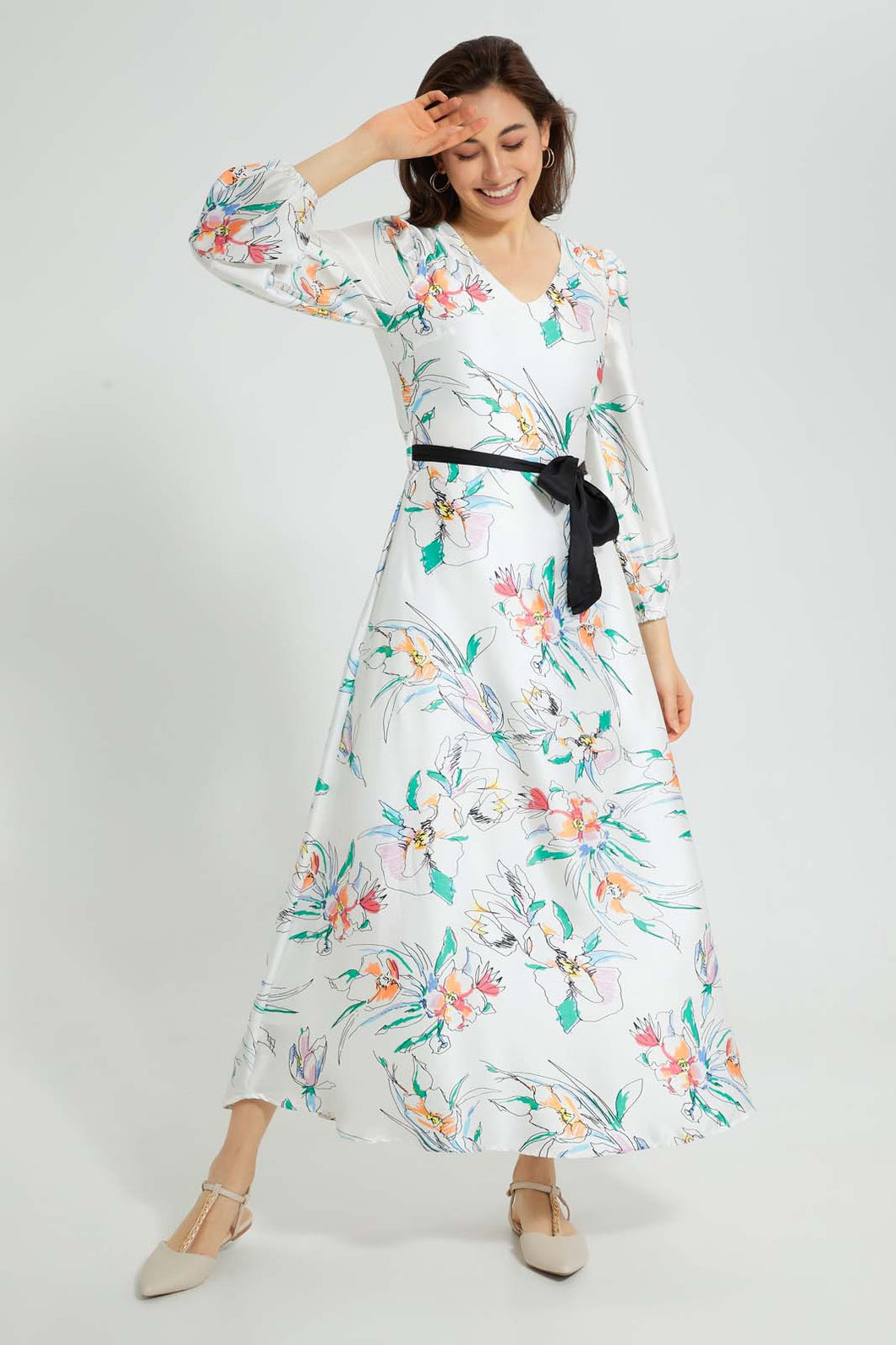 Redtag-White-Floral-Print-Dress-With-Contrast-Belt-Dresses-Women's-