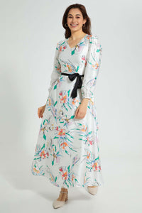 Redtag-White-Floral-Print-Dress-With-Contrast-Belt-Dresses-Women's-