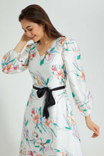 تنزيل الصورة على معرض الصور، Redtag-White-Floral-Print-Dress-With-Contrast-Belt-Dresses-Women&#39;s-
