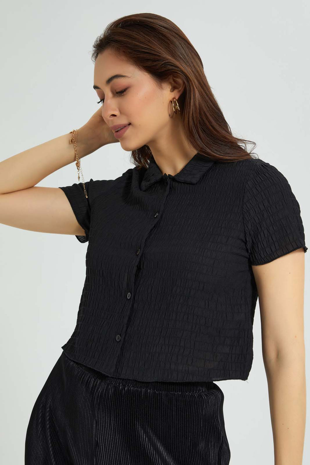 Redtag-Black-Smocked-Shirt-Blouses-Women's-
