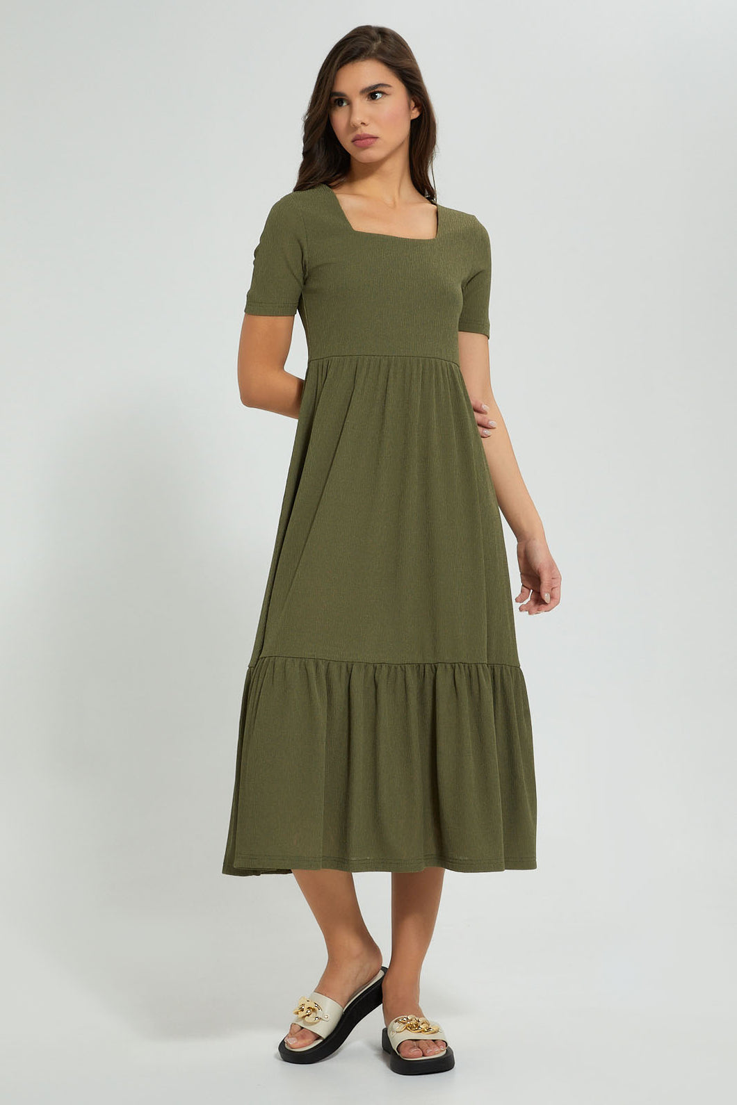 Redtag-Olive-Tiered-Midi-Dress-Colour:Olive,-Filter:Women's-Clothing,-New-In,-New-In-Women,-Non-Sale,-S22B,-Section:Women,-Women-Dresses-Women's-