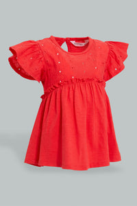 Redtag-Red-Woven-Knit-Embroideredroidered-Plain-Jersey-Top-Blouses-Infant-Girls-3 to 24 Months