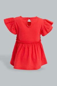 Redtag-Red-Woven-Knit-Embroideredroidered-Plain-Jersey-Top-Blouses-Infant-Girls-3 to 24 Months
