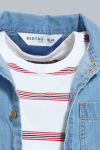 Redtag-Blue-Denim-Ls-Shirt-With-T-Shirt(2-In-1)-Casual-Shirts-Infant-Boys-3 to 24 Months