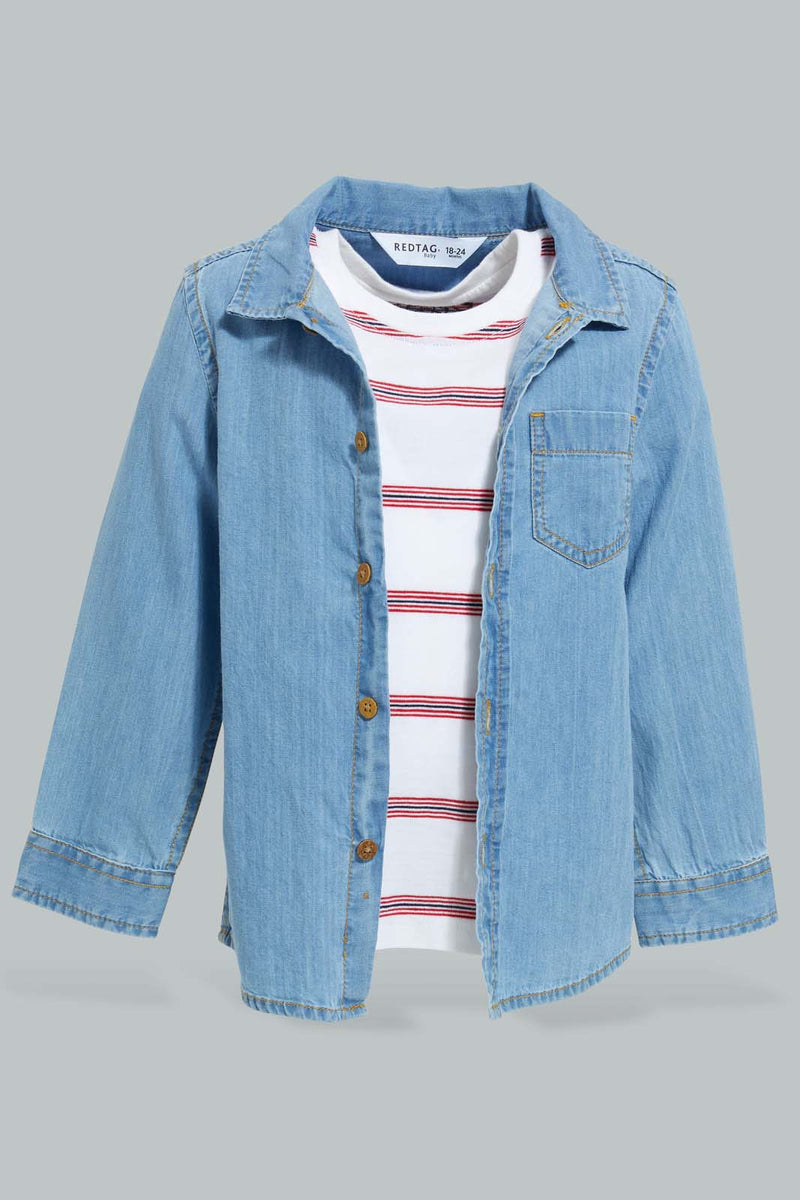Redtag-Blue-Denim-Ls-Shirt-With-T-Shirt(2-In-1)-Casual-Shirts-Infant-Boys-3 to 24 Months