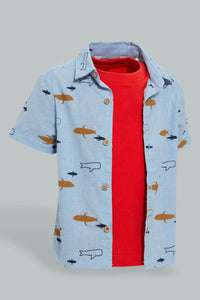 Redtag-Blue-Printed-Shirts-With-T-Shirt(2-In-1)-Casual-Shirts-Infant-Boys-3 to 24 Months