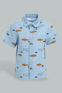 Redtag-Blue-Printed-Shirts-With-T-Shirt(2-In-1)-Casual-Shirts-Infant-Boys-3 to 24 Months