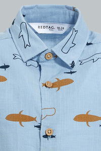 Redtag-Blue-Printed-Shirts-With-T-Shirt(2-In-1)-Casual-Shirts-Infant-Boys-3 to 24 Months
