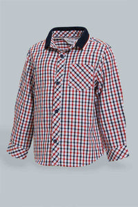 Redtag-Red-Checked-Long-Sleeve-Shirt-With-Rib-Collar-Casual-Shirts-Infant-Boys-3 to 24 Months