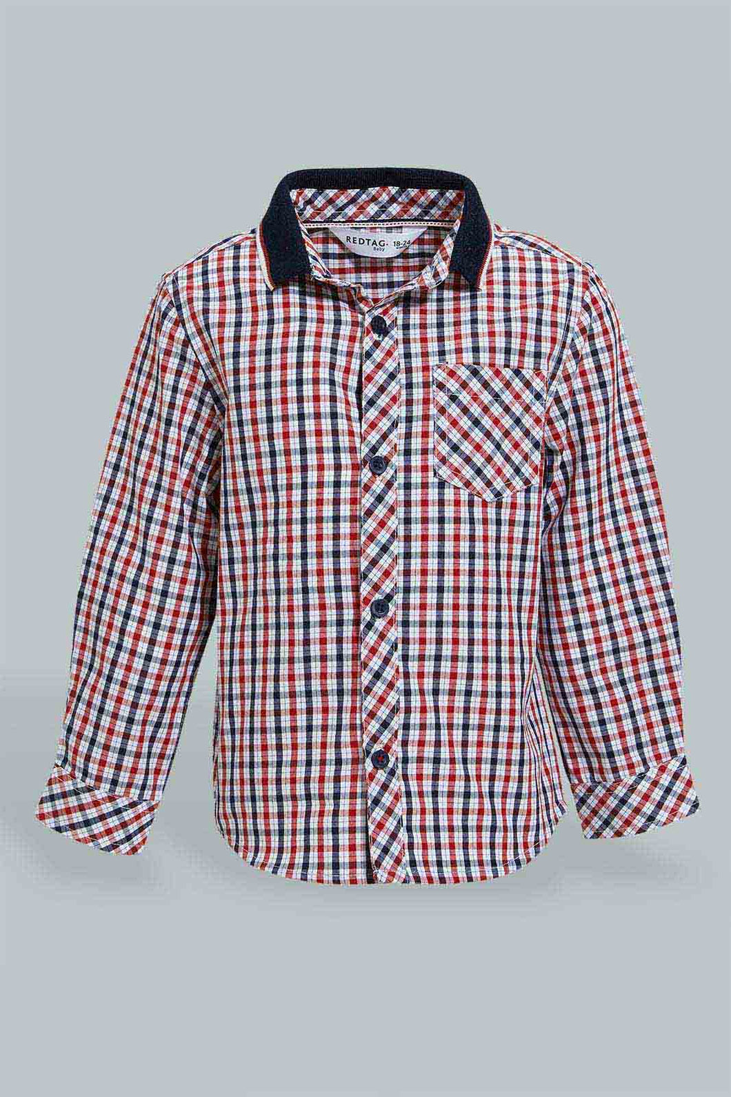 Redtag-Red-Checked-Long-Sleeve-Shirt-With-Rib-Collar-Casual-Shirts-Infant-Boys-3 to 24 Months