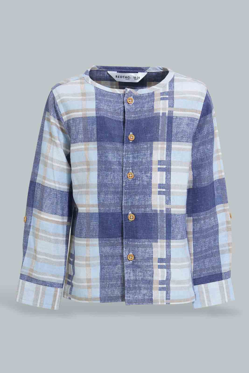 Redtag-Blue-Yd-Checked-Mandarin-Long-Slv-Shirt-Casual-Shirts-Infant-Boys-3 to 24 Months
