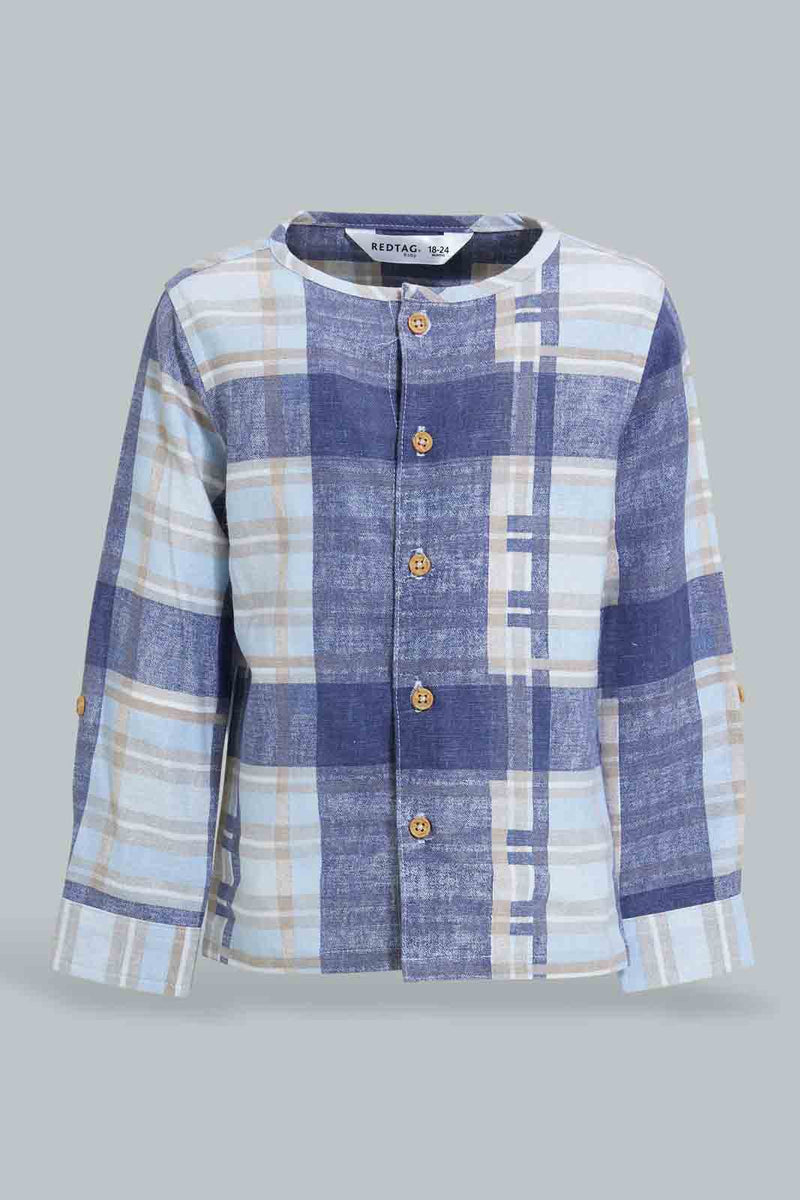 Redtag-Blue-Yd-Checked-Mandarin-Long-Slv-Shirt-Casual-Shirts-Infant-Boys-3 to 24 Months