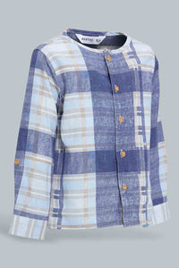 Redtag-Blue-Yd-Checked-Mandarin-Long-Slv-Shirt-Casual-Shirts-Infant-Boys-3 to 24 Months