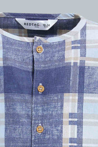 Redtag-Blue-Yd-Checked-Mandarin-Long-Slv-Shirt-Casual-Shirts-Infant-Boys-3 to 24 Months