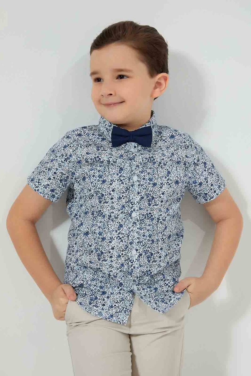 Redtag-Blue-Floral-PrinT-Shirt-And-Bow-Tie-Casual-Shirts-Boys-2 to 8 Years