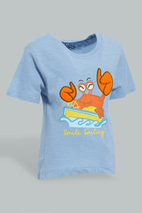 Redtag-Blue-Crab-Slub-Short-Slv-Tshirt-All-Over-Prints-Infant-Boys-3 to 24 Months