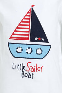 Redtag-White-Ship-Apllique-Nautical-Short-Slv-Tshirt-All-Over-Prints-Infant-Boys-3 to 24 Months