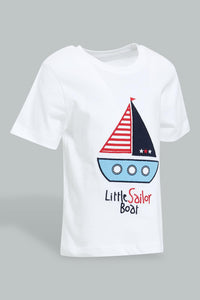 Redtag-White-Ship-Apllique-Nautical-Short-Slv-Tshirt-All-Over-Prints-Infant-Boys-3 to 24 Months