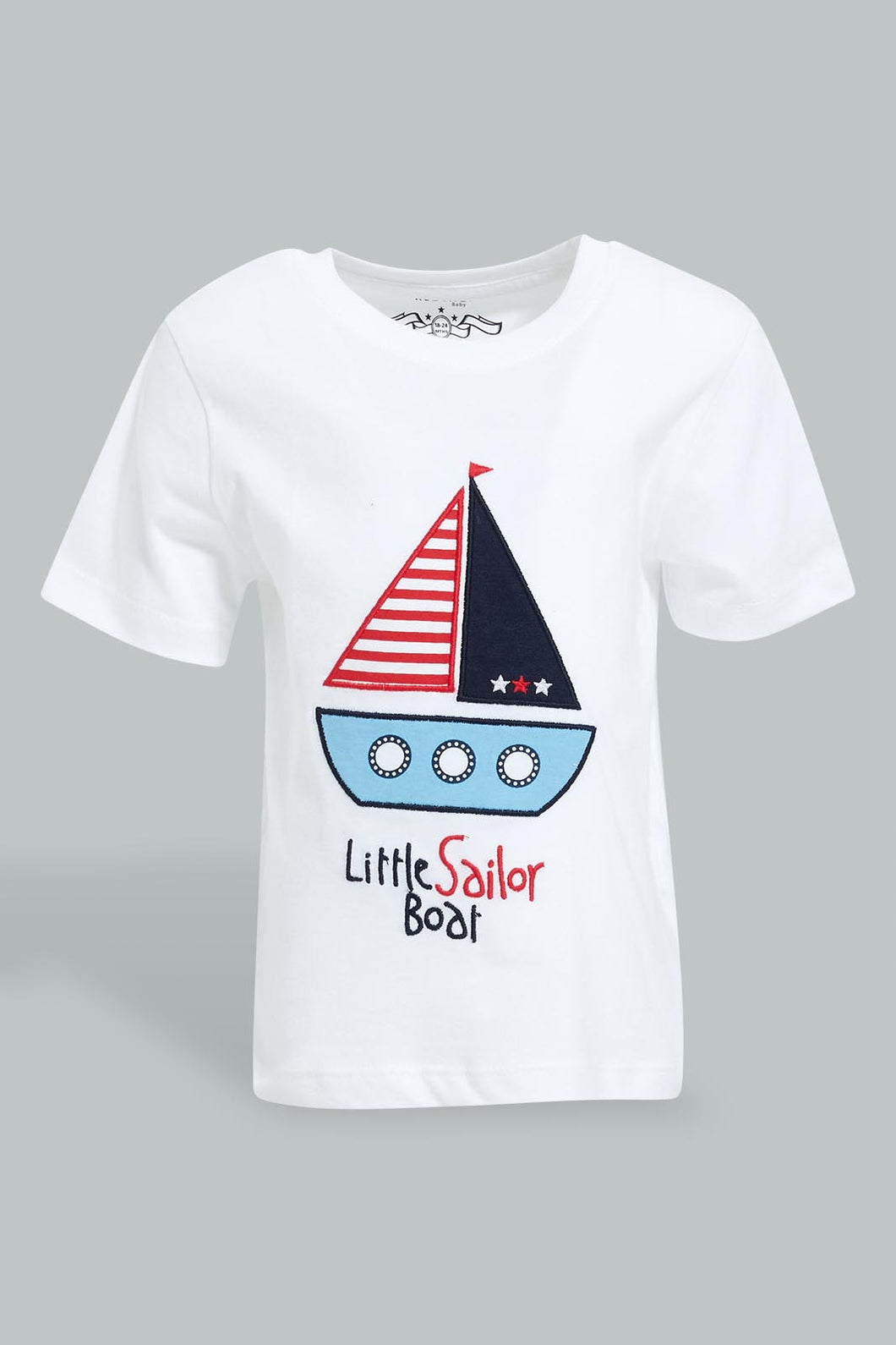 Redtag-White-Ship-Apllique-Nautical-Short-Slv-Tshirt-All-Over-Prints-Infant-Boys-3 to 24 Months