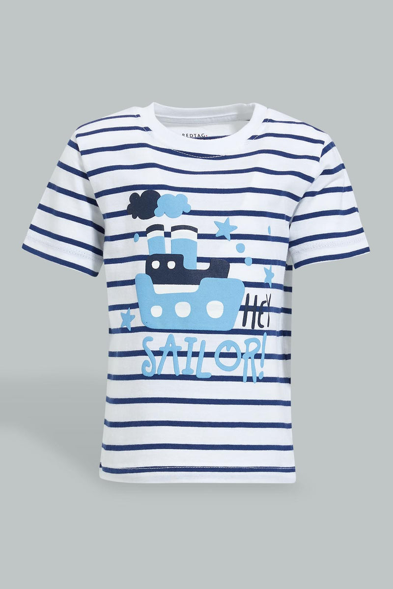 Redtag-Blue-Striped-Nautical-Short-Sleeve-Tshirt-All-Over-Prints-Infant-Boys-3 to 24 Months