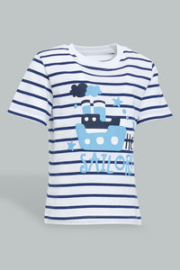 Redtag-Blue-Striped-Nautical-Short-Sleeve-Tshirt-All-Over-Prints-Infant-Boys-3 to 24 Months