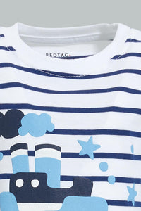 Redtag-Blue-Striped-Nautical-Short-Sleeve-Tshirt-All-Over-Prints-Infant-Boys-3 to 24 Months