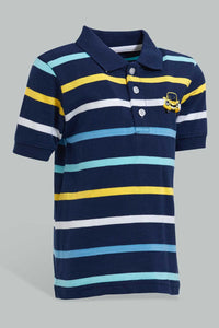 Redtag-Navy-Striped-Short-Sleeve-Polo-Shirt-Striped-Infant-Boys-3 to 24 Months