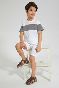 Redtag-White-Panelled-T-Shirt-And-Short-Set-Sets-Boys-2 to 8 Years