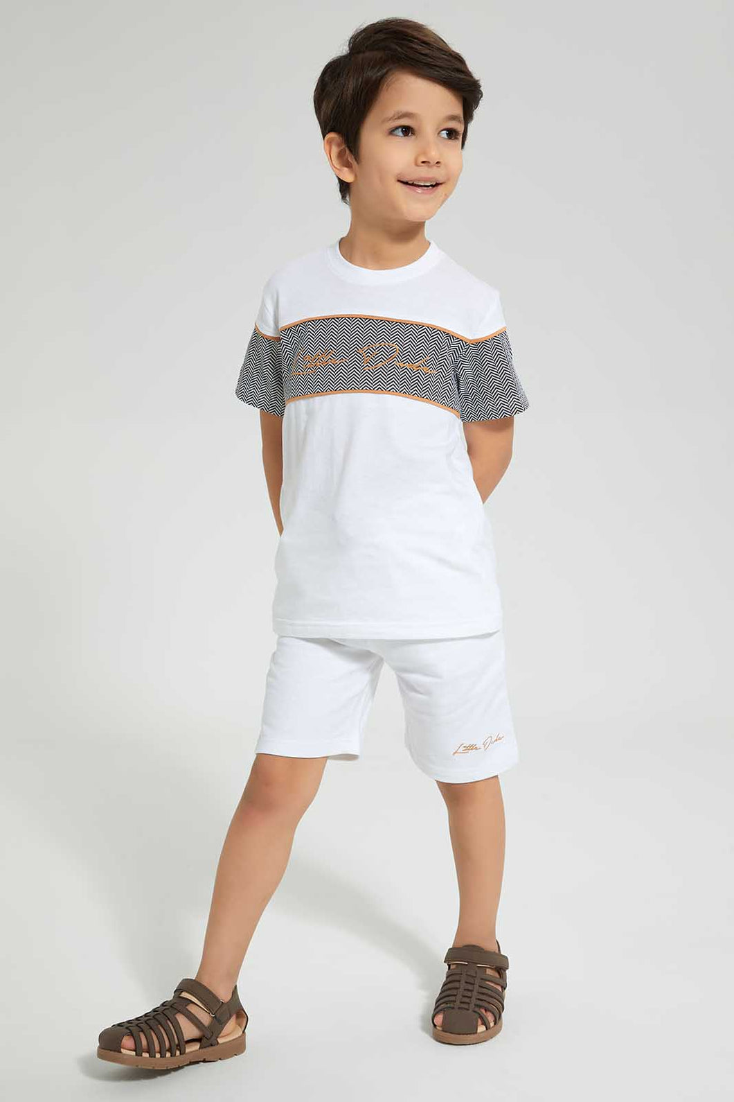 Redtag-White-Panelled-T-Shirt-And-Short-Set-Sets-Boys-2 to 8 Years