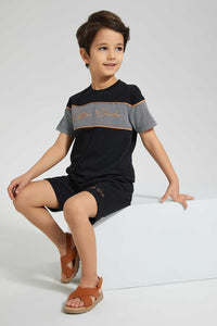 Redtag-Black-Panelled-T-Shirt-And-Short-Set-Sets-Boys-2 to 8 Years