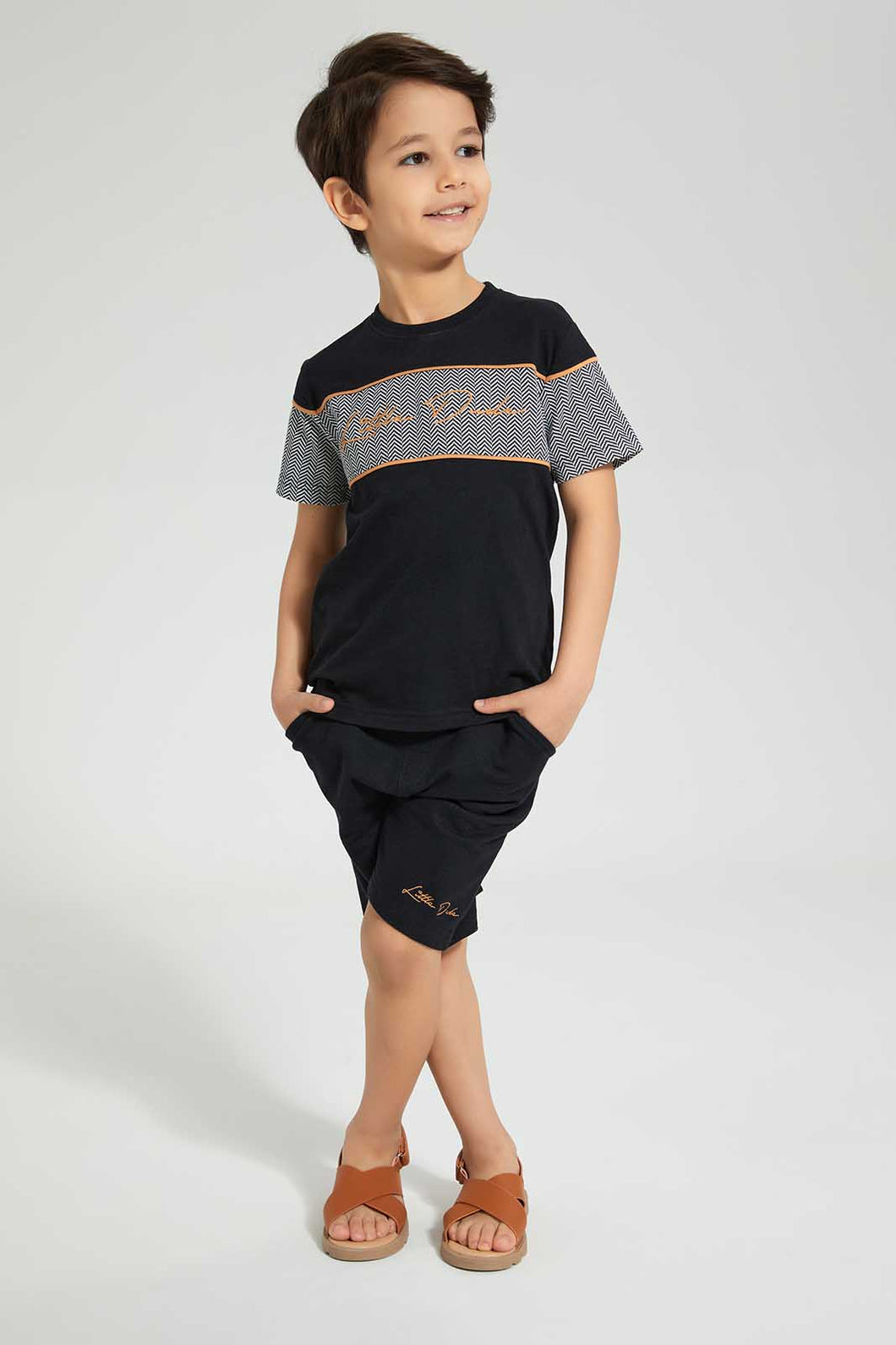 Redtag-Black-Panelled-T-Shirt-And-Short-Set-Sets-Boys-2 to 8 Years