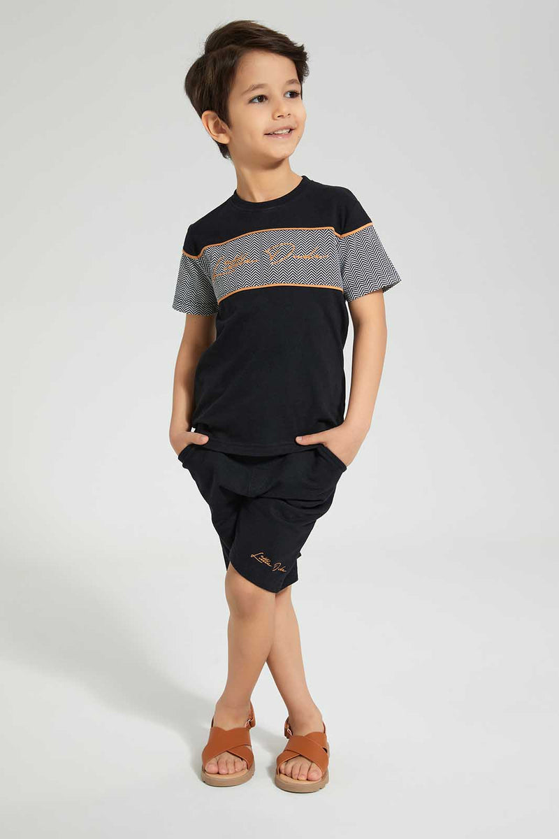 Redtag-Black-Panelled-T-Shirt-And-Short-Set-Sets-Boys-2 to 8 Years