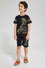 تنزيل الصورة على معرض الصور، Redtag-Black-Tiger-Print--T-Shirt-And-Short-Sets-Boys-2 to 8 Years
