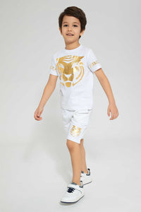 Redtag-White-Tiger-Print--T-Shirt-And-Short-Sets-Boys-2 to 8 Years