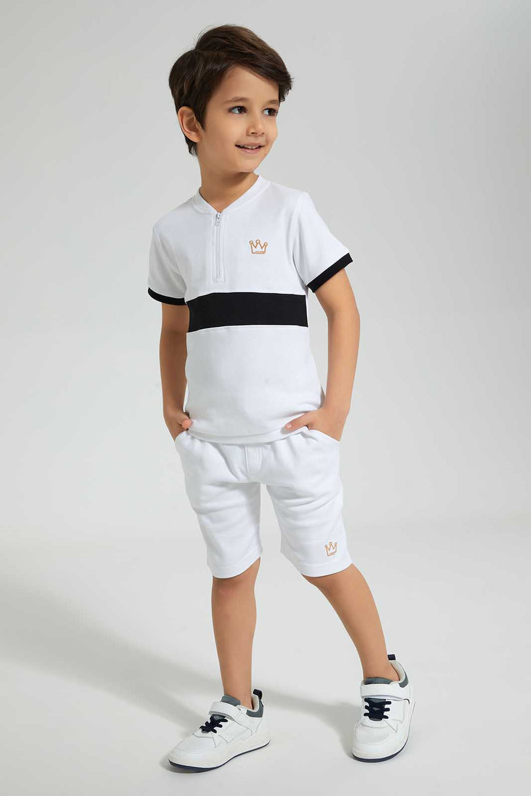 Redtag-White-Henley-And-Short-Set-Sets-Boys-2 to 8 Years