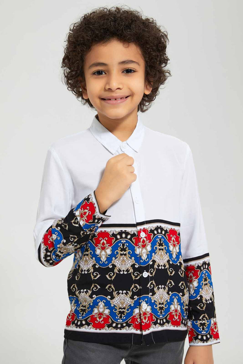 Redtag-White-Scarf-PrinT-Shirt-Casual-Shirts-Boys-2 to 8 Years