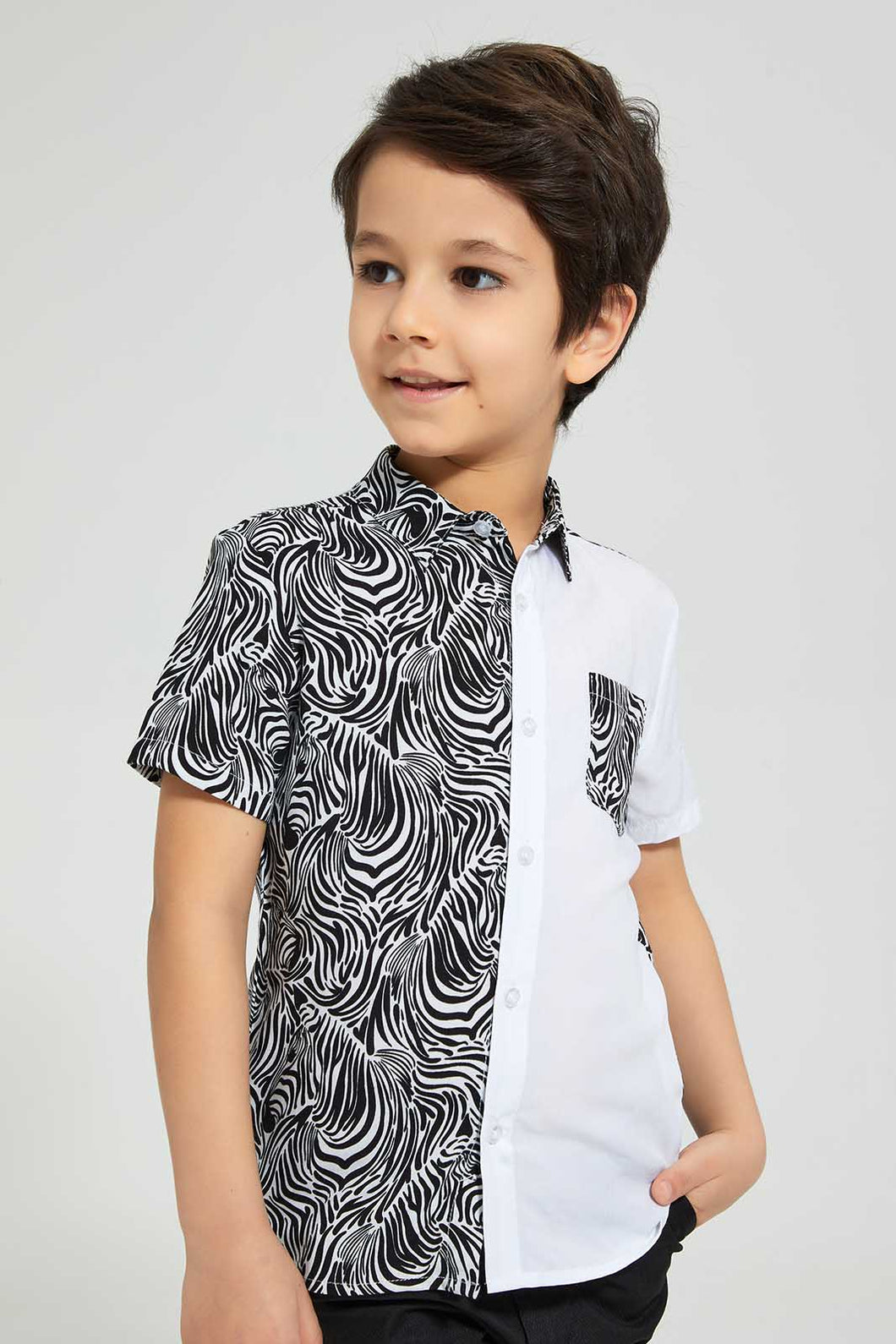 Redtag-White-Zebra-Print-Short-Sleeve-Shirt-Casual-Shirts-Boys-2 to 8 Years